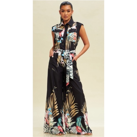Tropical Print High Rise Belted Jumpsuit NWT